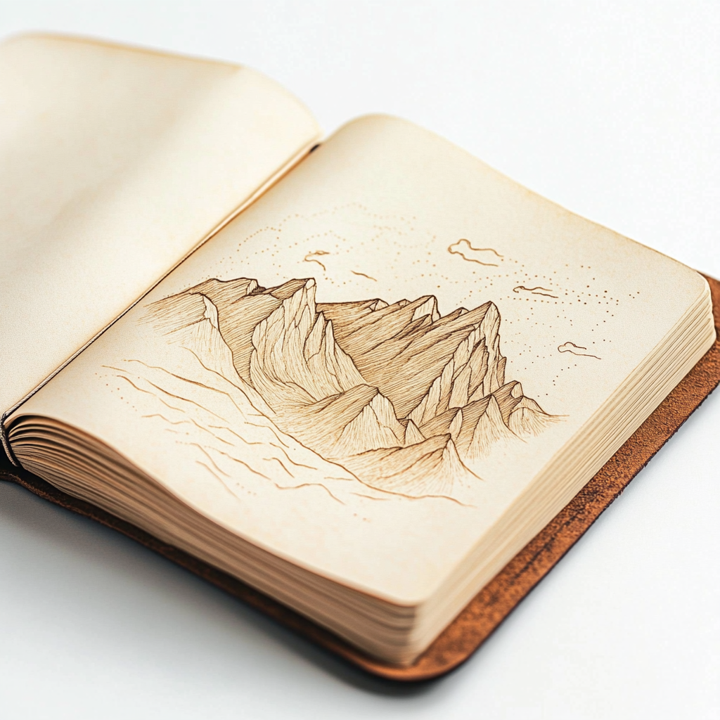 Open Logbook leather-bound journal with mountain sketches